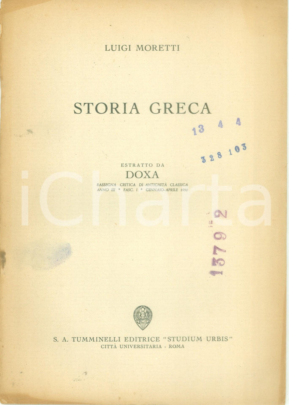 Libro, pubblicazione d epoca 1950 Luigi MORETTI Storia greca Rassegna bibliografica Pubblicazione 1