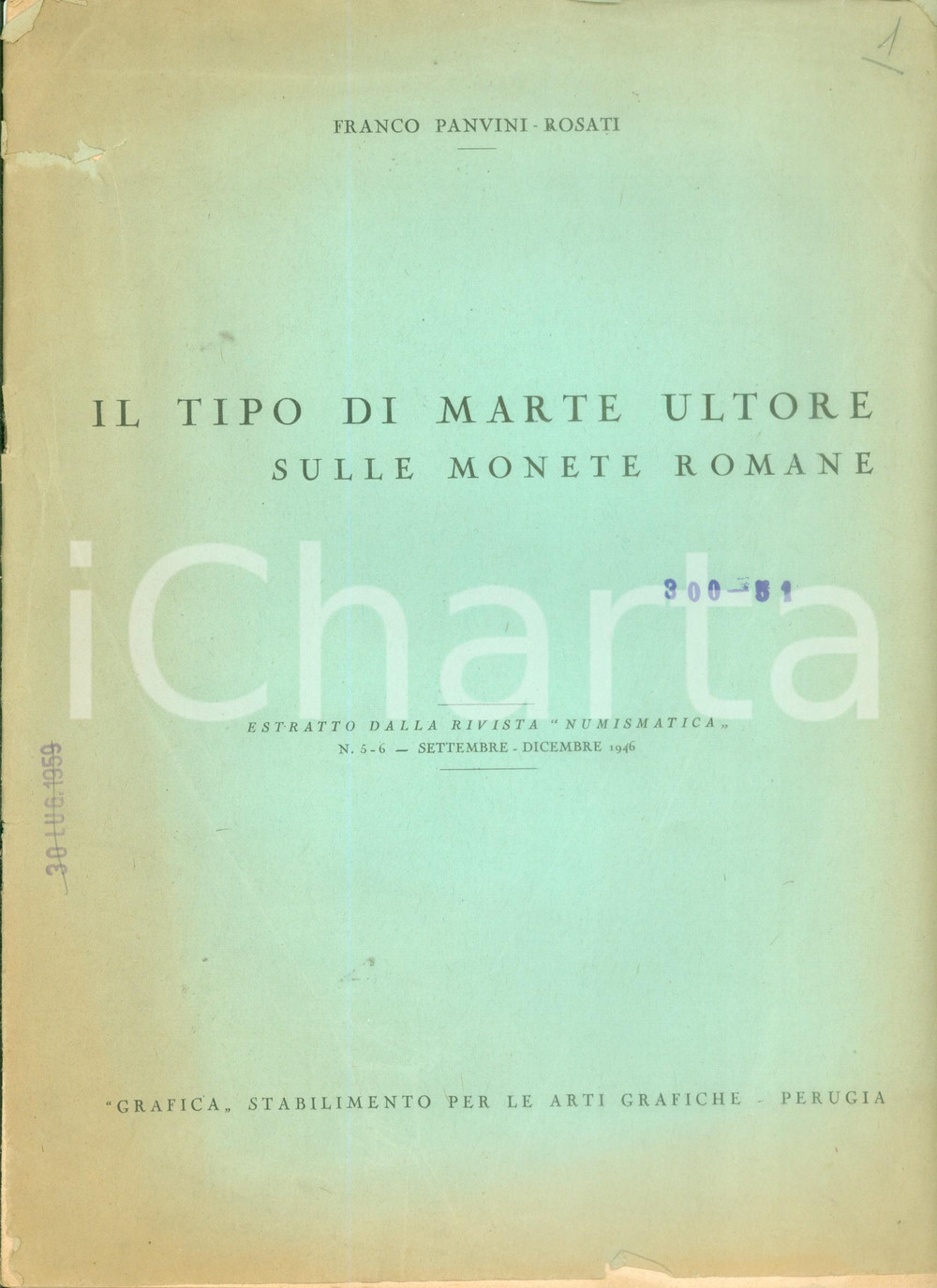 Libro, pubblicazione d epoca 1946 Franco PANVINI ROSATI Tipo di Marte Ultore sulle monete romane DANNEGGIATO 1