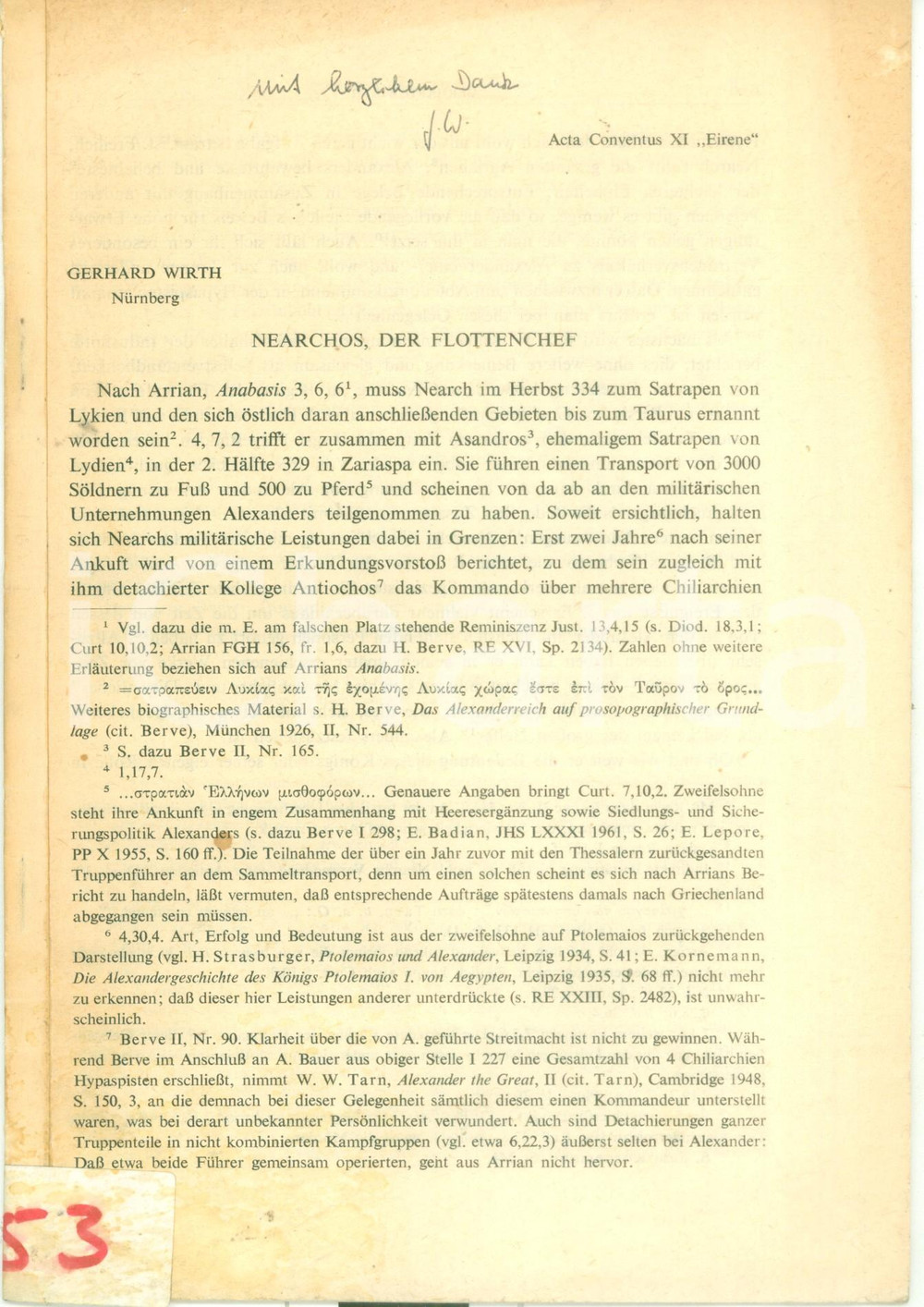 Libro, pubblicazione d epoca 1971 Gerhard WIRTH Nearchos der Flottenchef Estratto Acta Conventus XI EIRENE 1