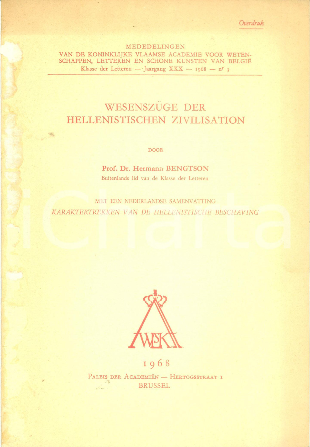 Libro, pubblicazione d epoca 1968 Hermann BENGTSON WesenzÃ¼ge der Hellenistischen Zivilisation Estratto 1