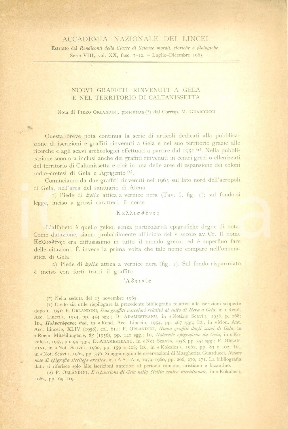 Libro, pubblicazione d epoca 1965 Piero ORLANDINI Nuovi graffiti rinvenuti a GELA E CALTANISSETTA Con tavole 1