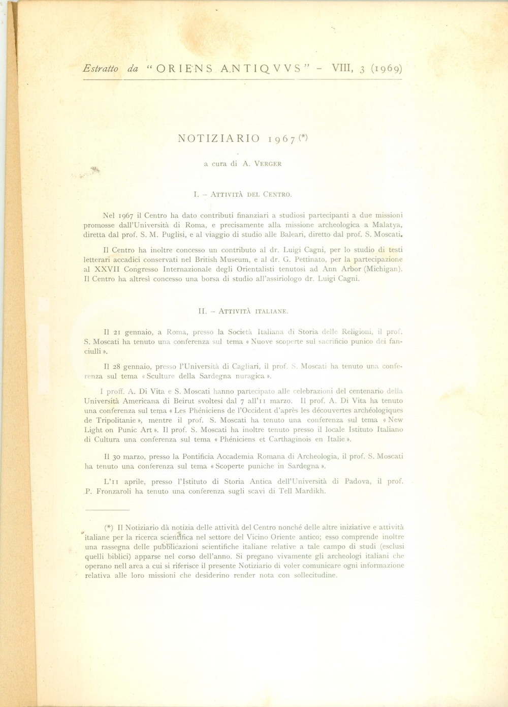 Libro, pubblicazione d epoca 1967 Alessandro VERGER Notiziario di Oriens Antiquus Pubblicazione CON TAVOLE 1