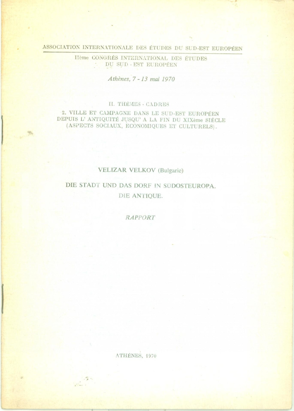 Libro, pubblicazione d epoca 1970 Velizar VELKOV Die Stadt und das Dorf in Sudosteuropa. Die Antique 1