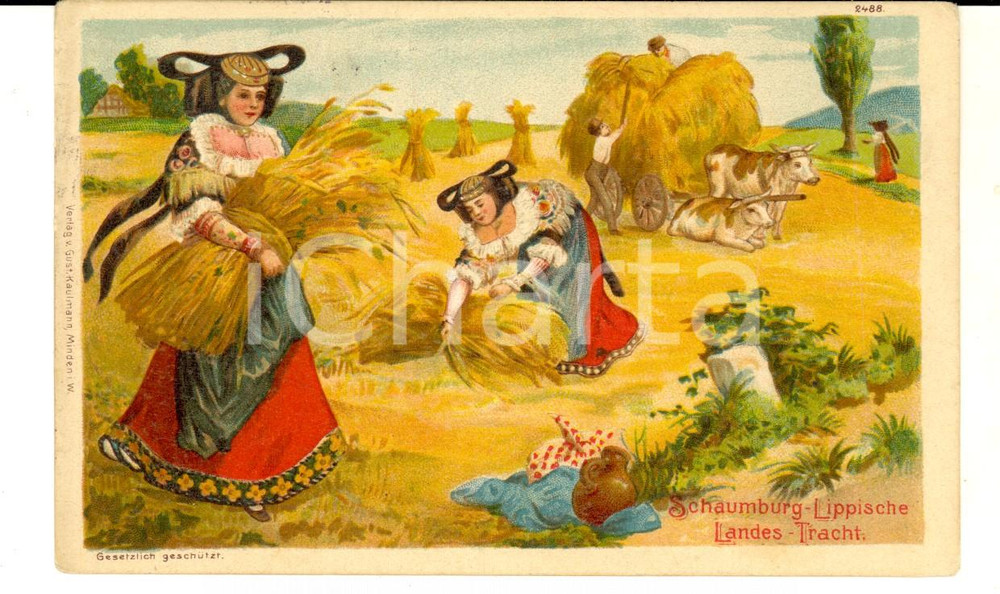 Cartolina originale da collezione 1910 COSTUMI GERMANIA Spigolatrici nei campi Cartolina ILLUSTRATA FP VG 1