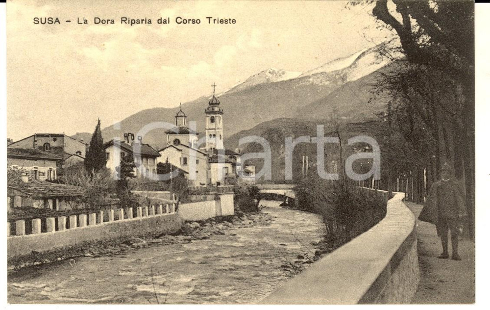 Cartolina originale da collezione 1910 ca SUSA TO La DORA RIPARIA da corso TRIESTE Cartolina ANIMATA soldato NV 1