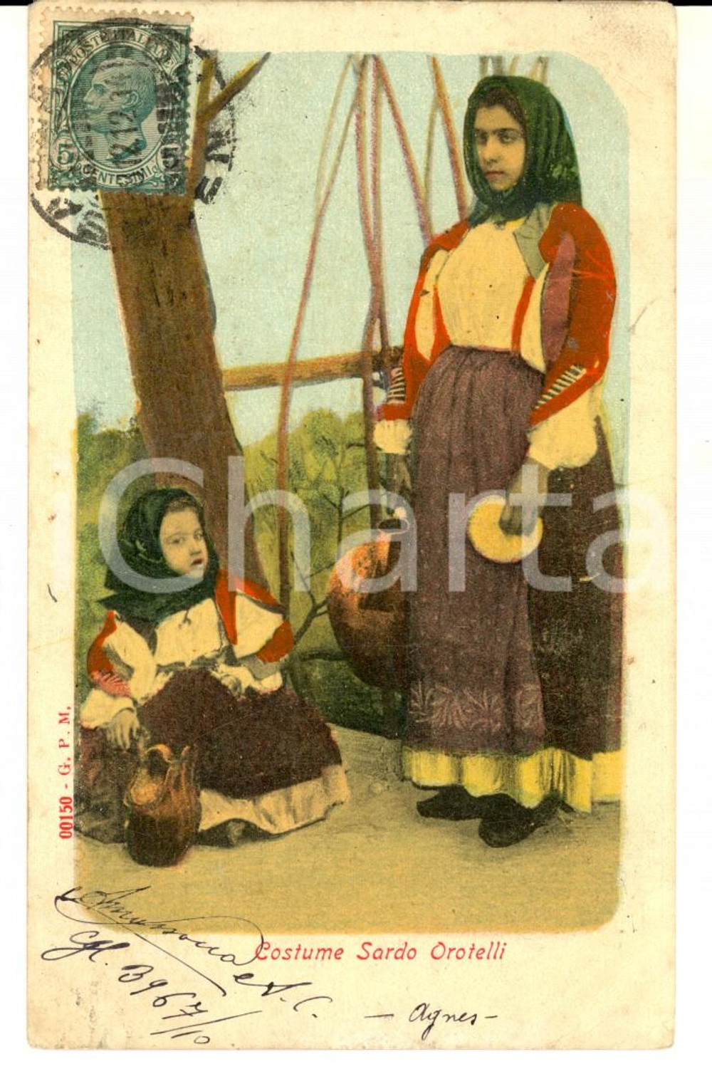 Cartolina originale da collezione 1914 COSTUMI SARDI OROTELLI NU Donna con bambina Cartolina postale FP VG 1