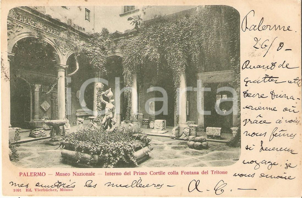 Cartolina originale da collezione 1900 PALERMO Museo Nazionale Primo cortile Fontana Tritone Cartolina FP VG 1
