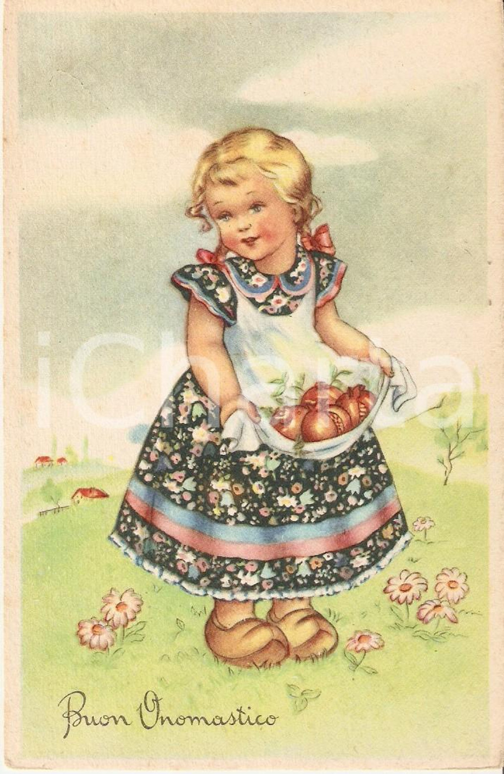 Cartolina originale da collezione 1935 ca COSTUMI Bimba trasporta melagrane Cartolina BUON ONOMASTICO FP NV 1