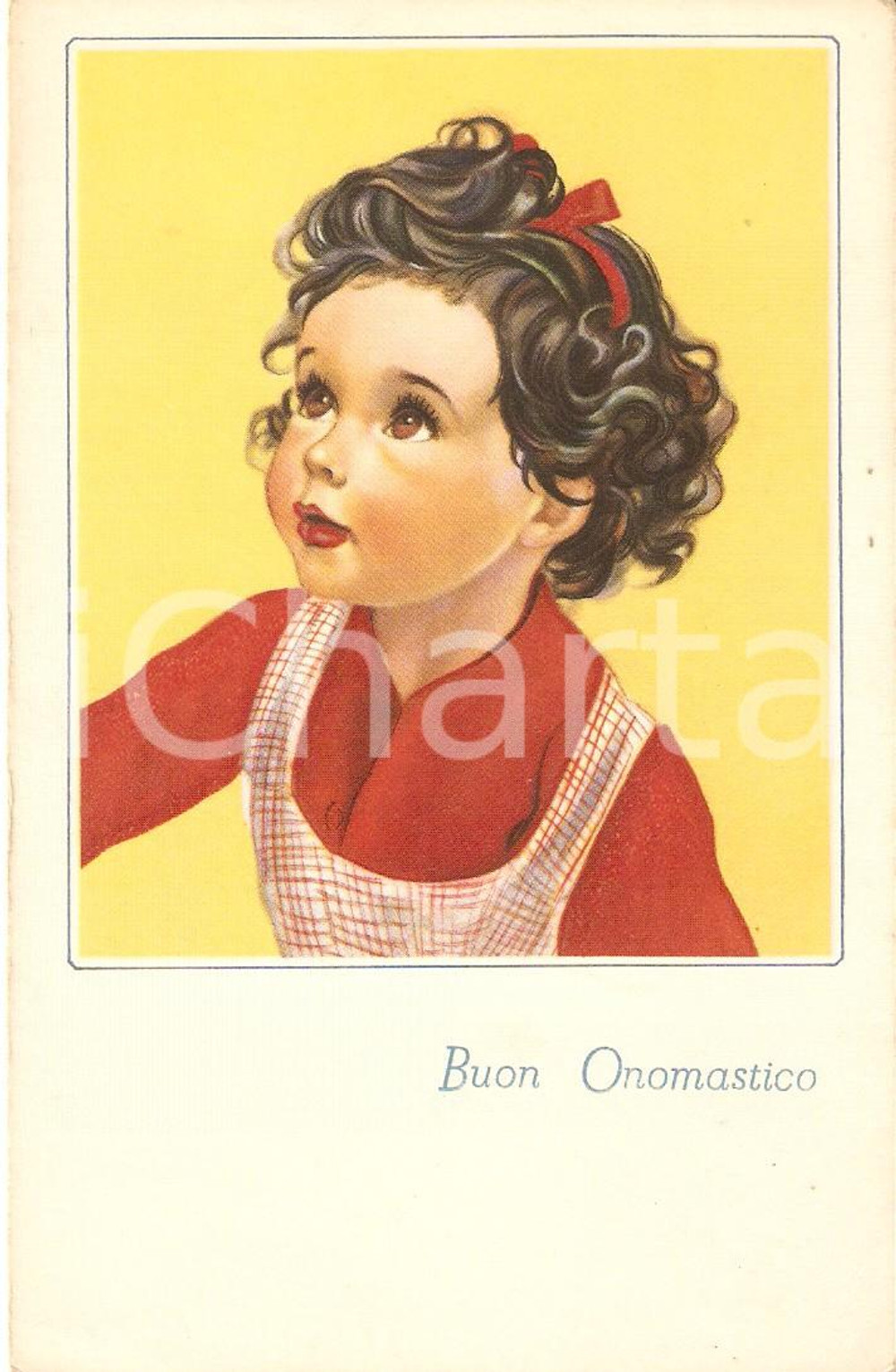 Cartolina originale da collezione 1950 ca BUON ONOMASTICO Ritratto di bambina con nastro tra capelli Cartolina FP 1