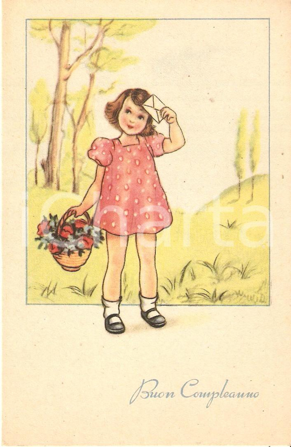 Cartolina originale da collezione 1925 ca COSTUMI Bambina con cesto di fiori e busta Cartolina ILLUSTRATA FP NV 1
