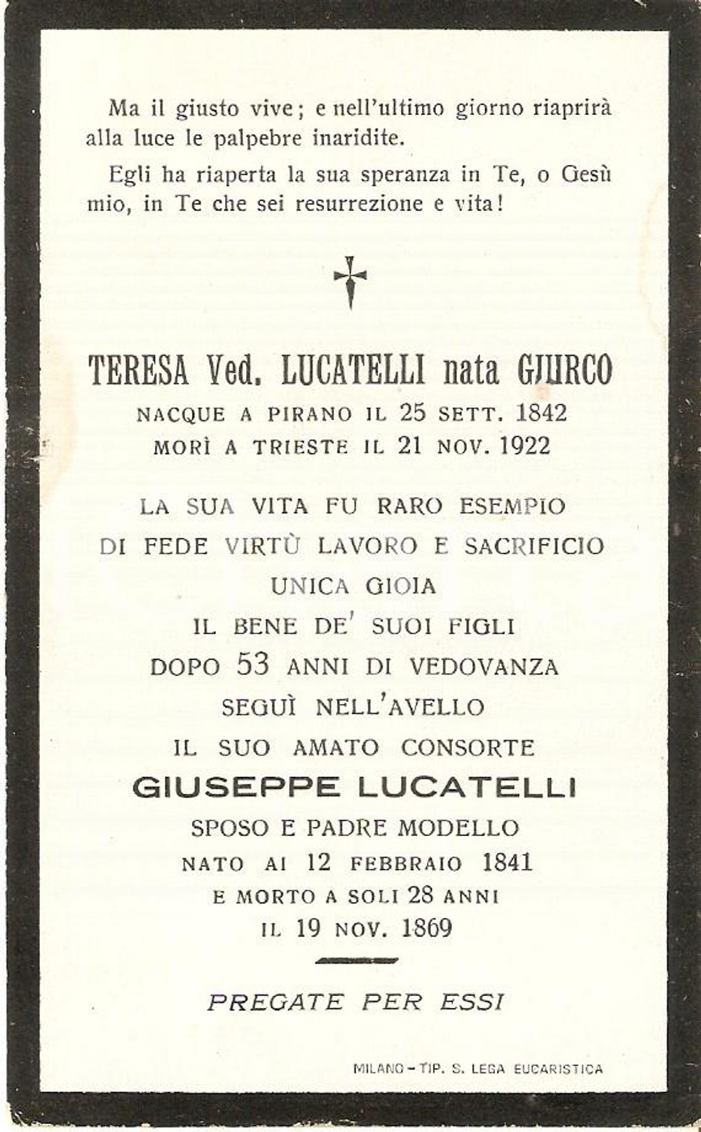 Oggetto da collezione cartaceo 1922 TRIESTE In memoria di Teresa GIURCO Vedova Giuseppe LUCATELLI Santino 1