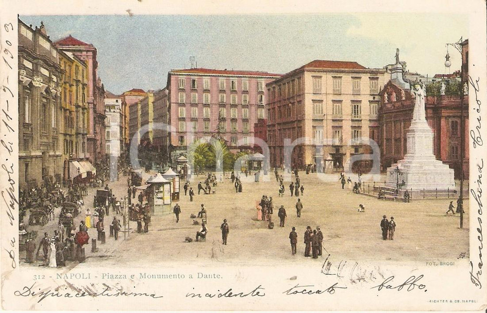 Cartolina originale da collezione 1903 NAPOLI Piazza e monumento a Dante ALIGHIERI Cartolina FP VG 1