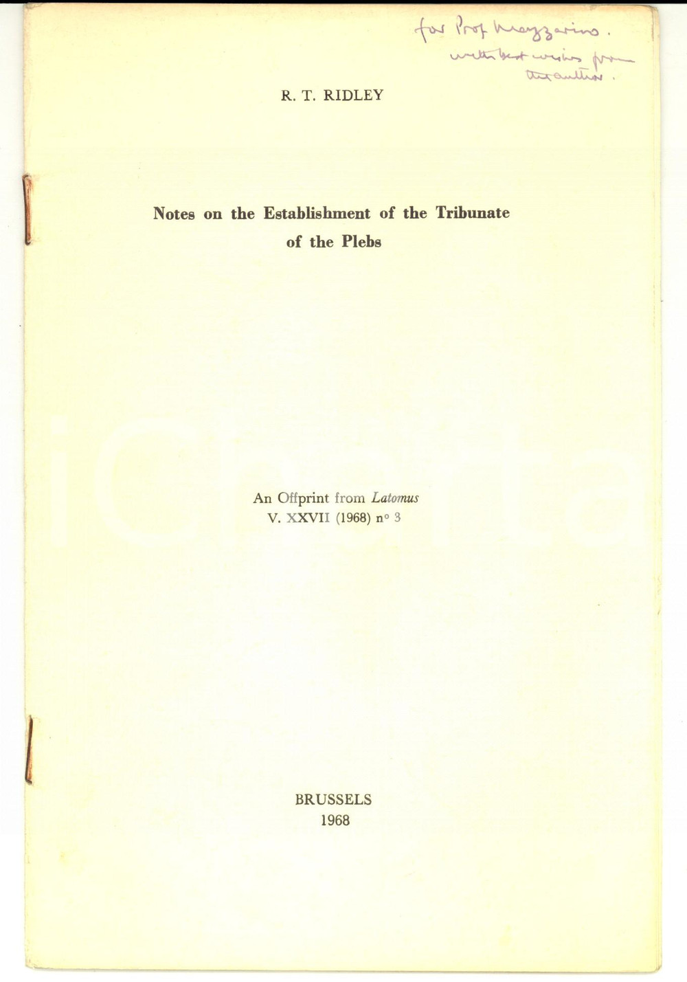 Libro, pubblicazione d epoca 1968 Ronald T. RIDLEY Establishment of the Tribunate of the Plebs AUTOGRAPH 1