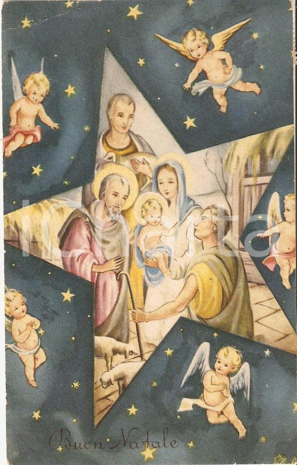 Cartolina originale da collezione 1962 Cartolina BUON NATALE Sacra Famiglia con angeli ILLUSTRATA FP VG 1