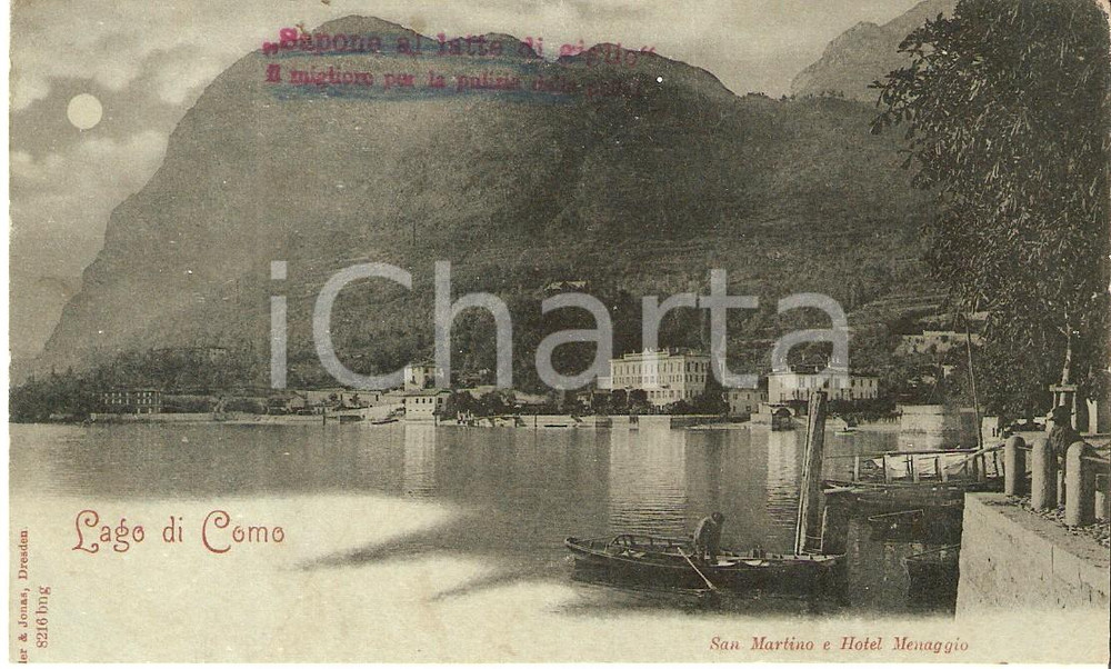 Cartolina originale da collezione 1905 ca COMO  SAN MARTINO Hotel MENAGGIO Timbro Sapone al latte di giglio FP NV 1