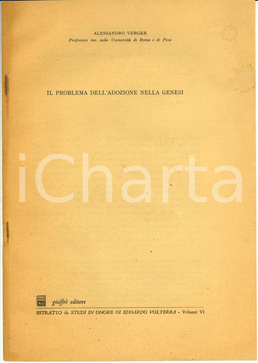 Libro, pubblicazione d epoca 1972 Alessandro VERGER Il problema dell adozione nella GENESI Autografo 1