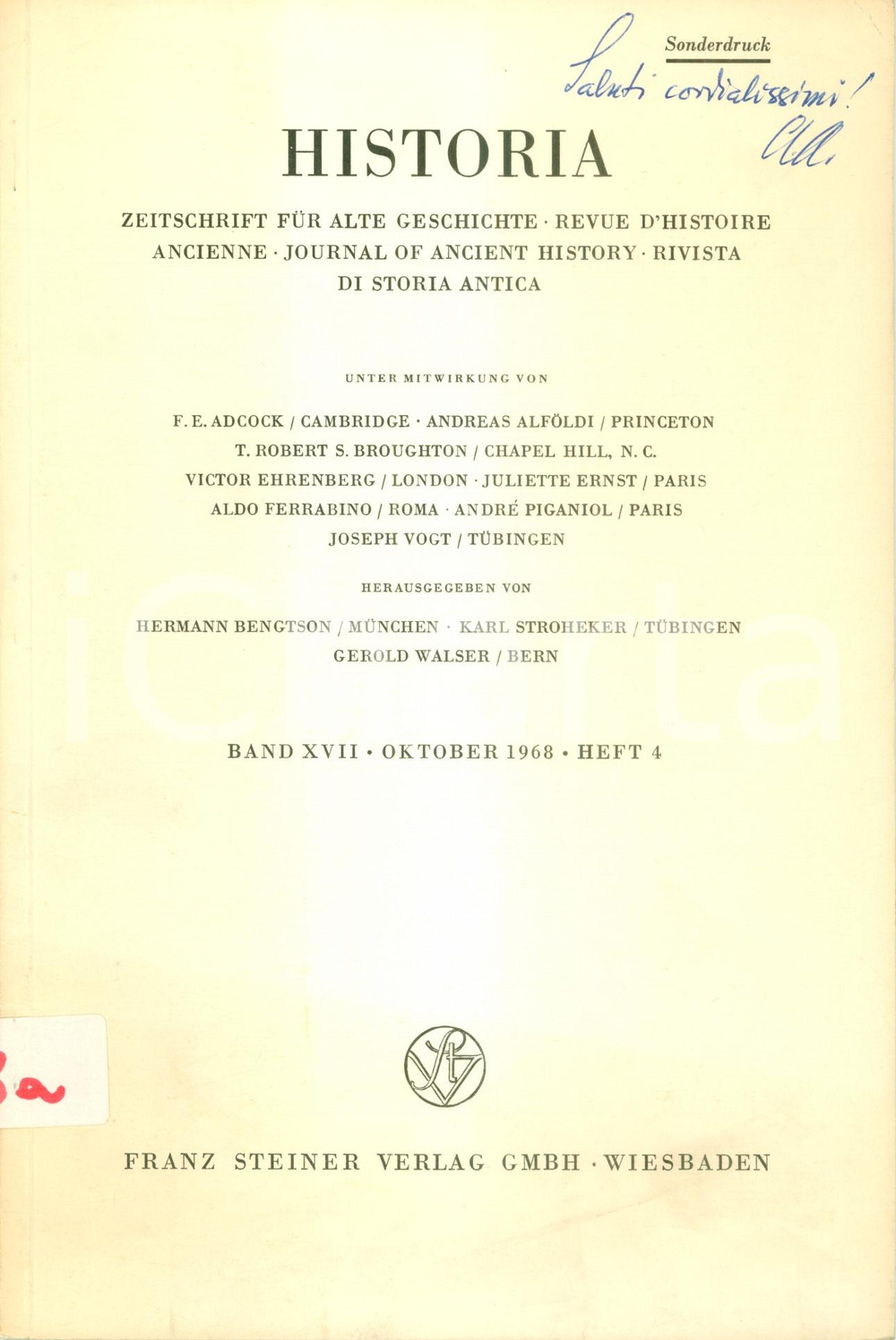 Libro, pubblicazione d epoca 1968 Andreas ALFOLDI Centuria Procum Patricium Invio AUTOGRAFO Pubblicazione 1