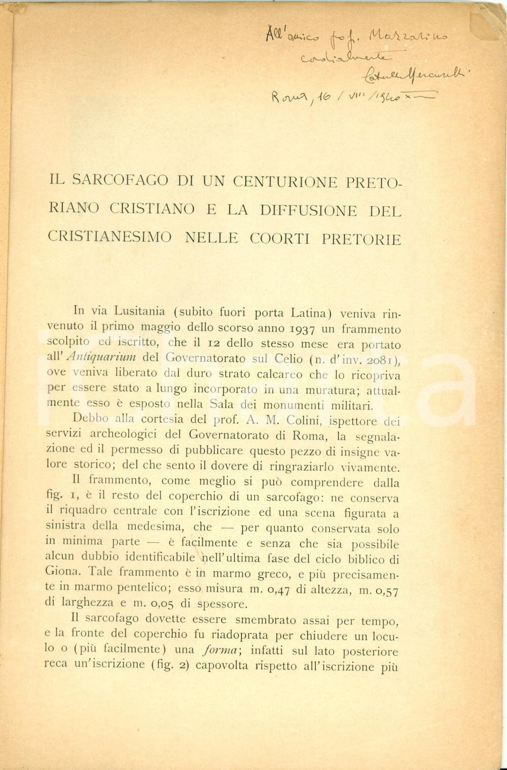 Libro, pubblicazione d epoca 1939 ROMA Catullo MERCURELLI Sarcofago centurione via LUSITANIA Invio Autografo 1
