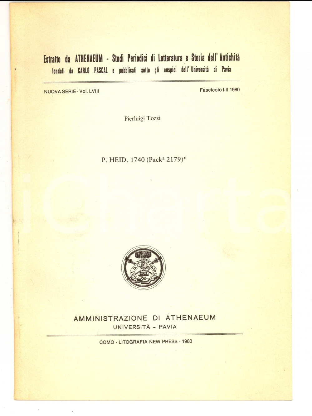 Libro, pubblicazione d epoca 1980 UniversitÃ  di PAVIA Pierluigi TOZZI P. HEID. 1740 1
