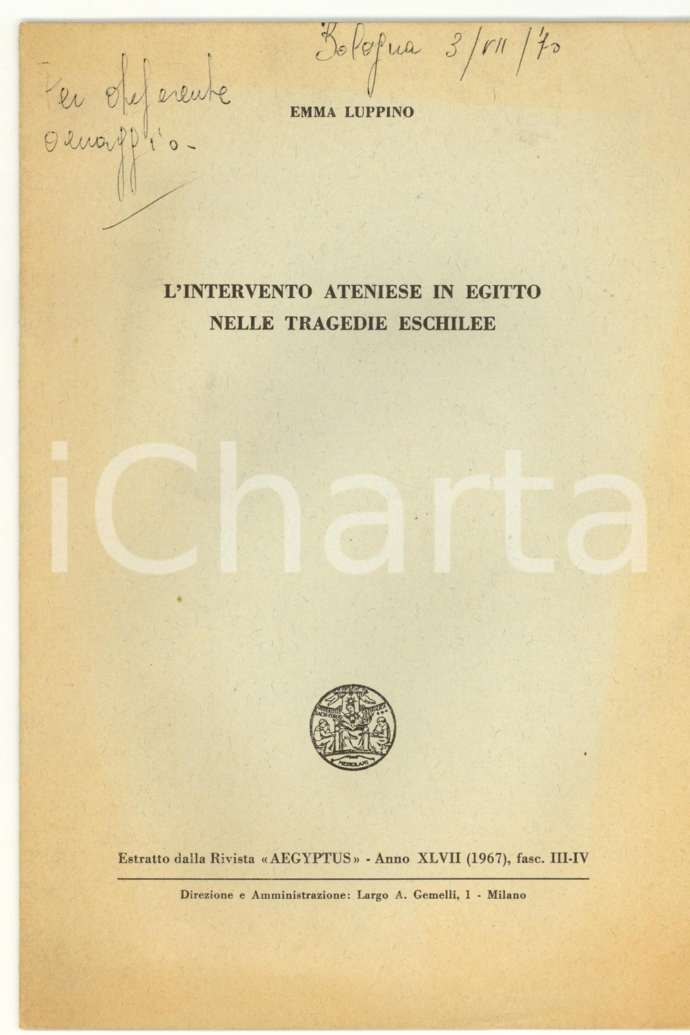 Libro, pubblicazione d epoca 1977 Emma LUPPINO L intervento ateniese in Egitto 1
