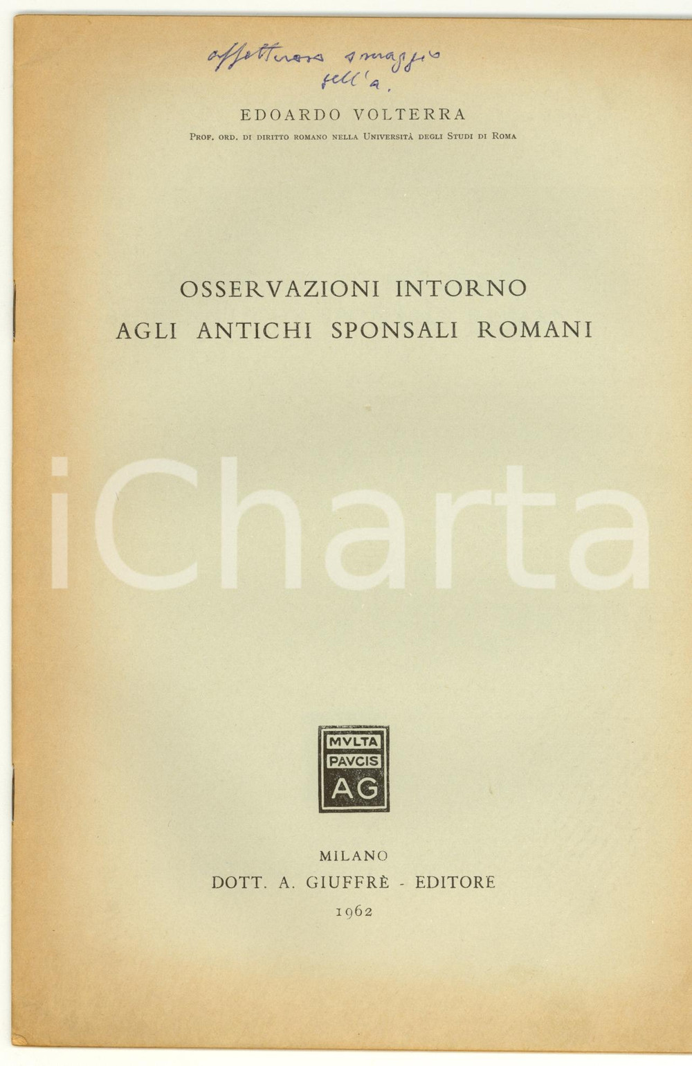 Libro, pubblicazione d epoca 1962 Edoardo VOLTERRA Sugli antichi sponsali romani 1