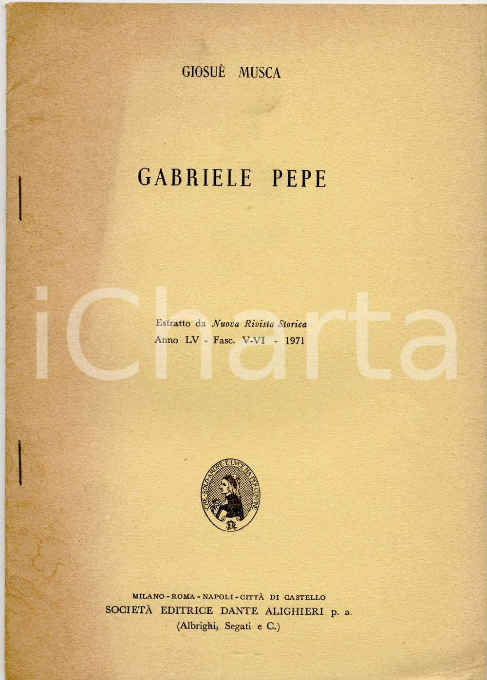 Libro, pubblicazione d epoca 1971 Giosué MOSCA Ricordo di Gabriele PEPE  20 pp. INVIO AUTOGRAFO 1