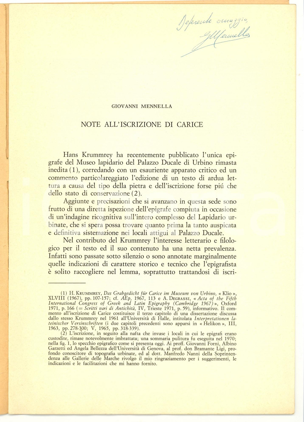 Libro, pubblicazione d epoca 1973 Giovanni MENNELLA Nota all iscrizione di CARICE  Invio autografo 1