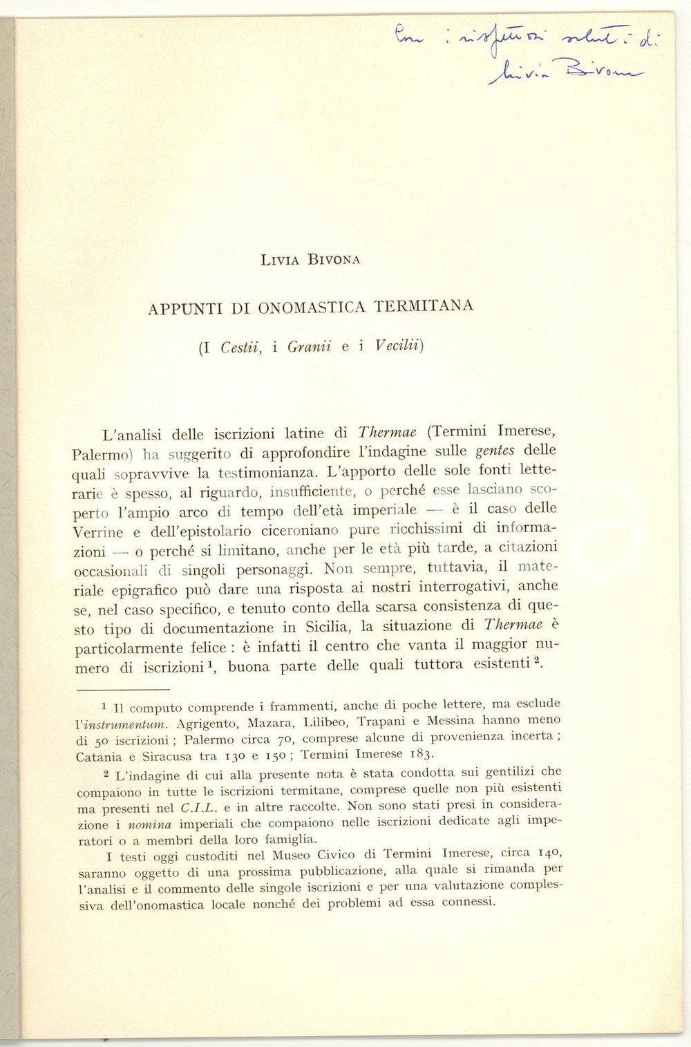 Libro, pubblicazione d epoca 1978 Livia BIVONA Appunti di onomastica termitana 1