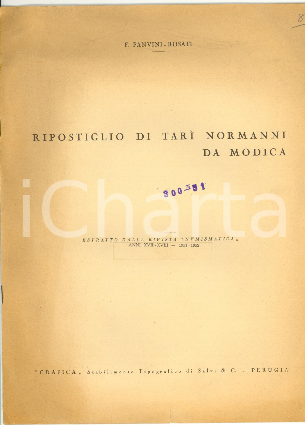 Libro, pubblicazione d epoca 1952 Franco PANVINI ROSATI Ripostiglio di tarÃ¬ normanni da MODICA 1