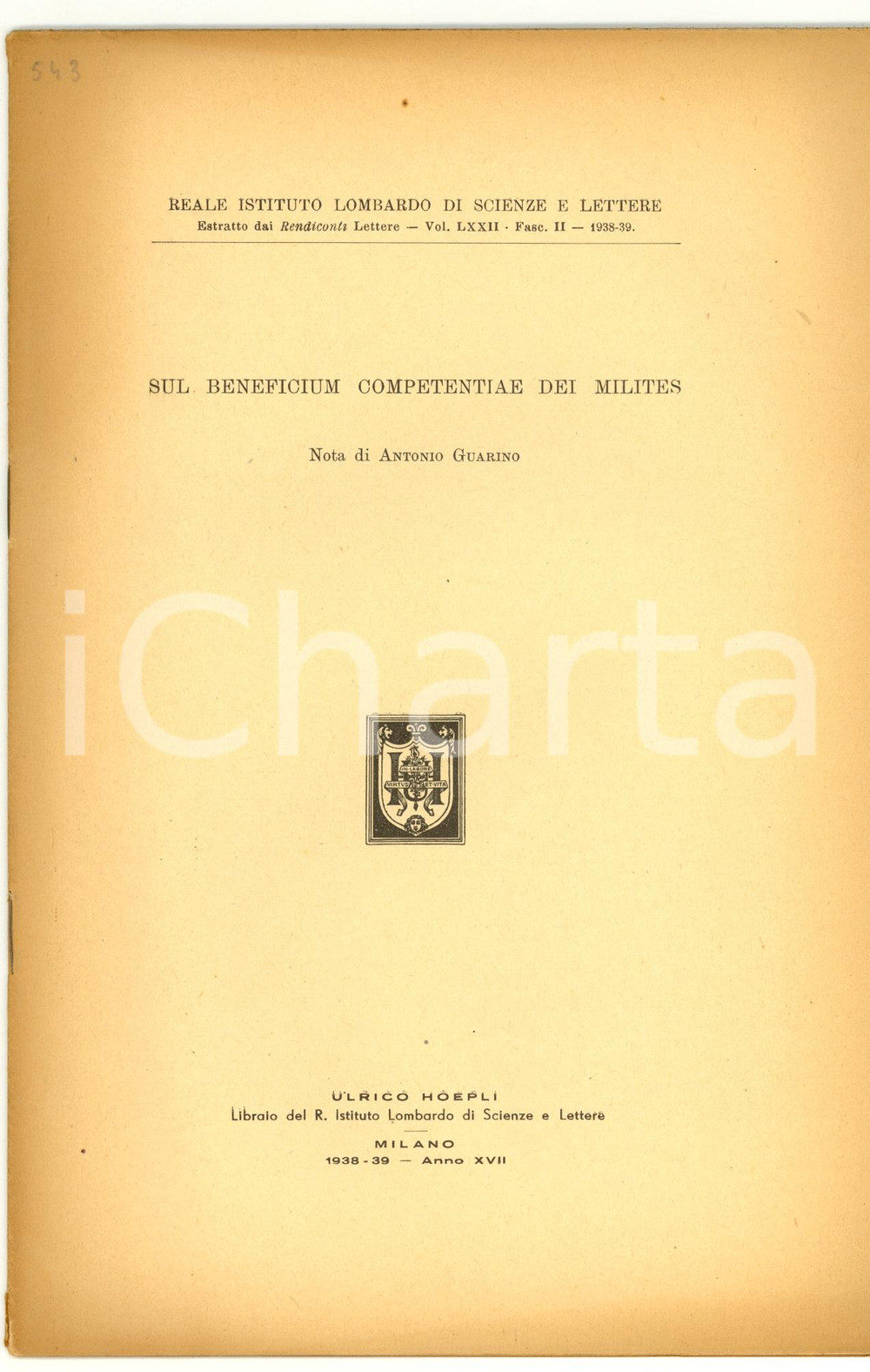 Libro, pubblicazione d epoca 1939 Antonio GUARINO Beneficium competentiae milites 1