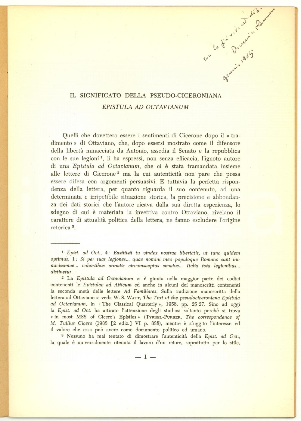 Libro, pubblicazione d epoca 1965 Domenico ROMANO Significato Epistula ad Octavianum 1