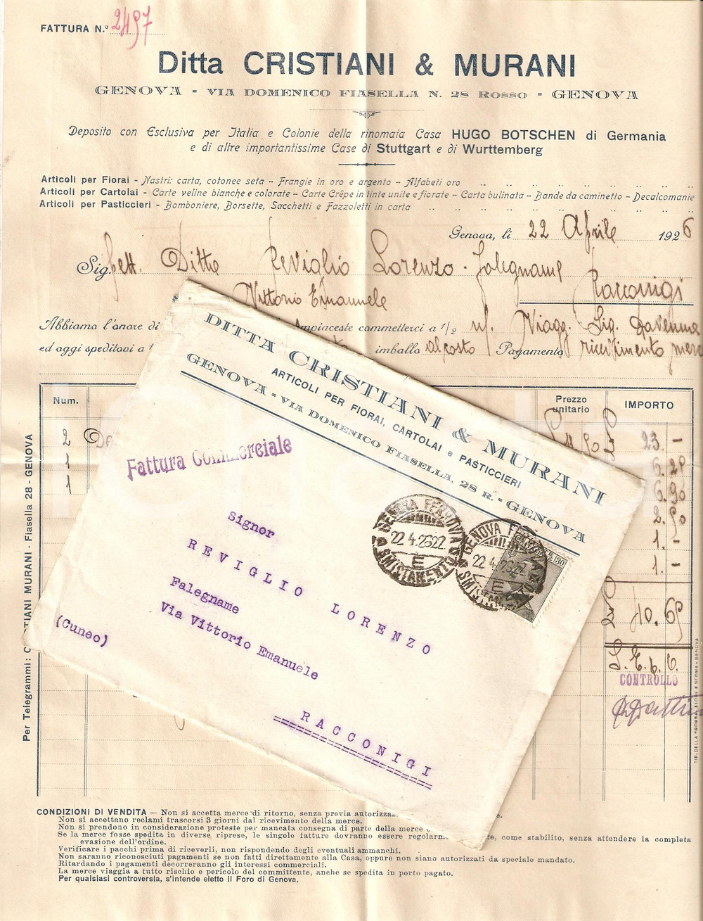 Documento originale, autentico 1926 GENOVA Ditta CRISTIANI E MURANI Articoli per fiorai e cartolai Fattura 1