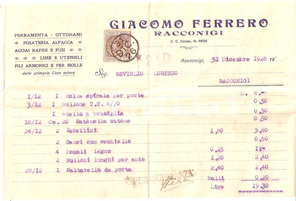 Documento originale, autentico 1926 RACCONIGI CN Giacomo FERRERO Ferramenta Fili armonici e molle FATTURA 1