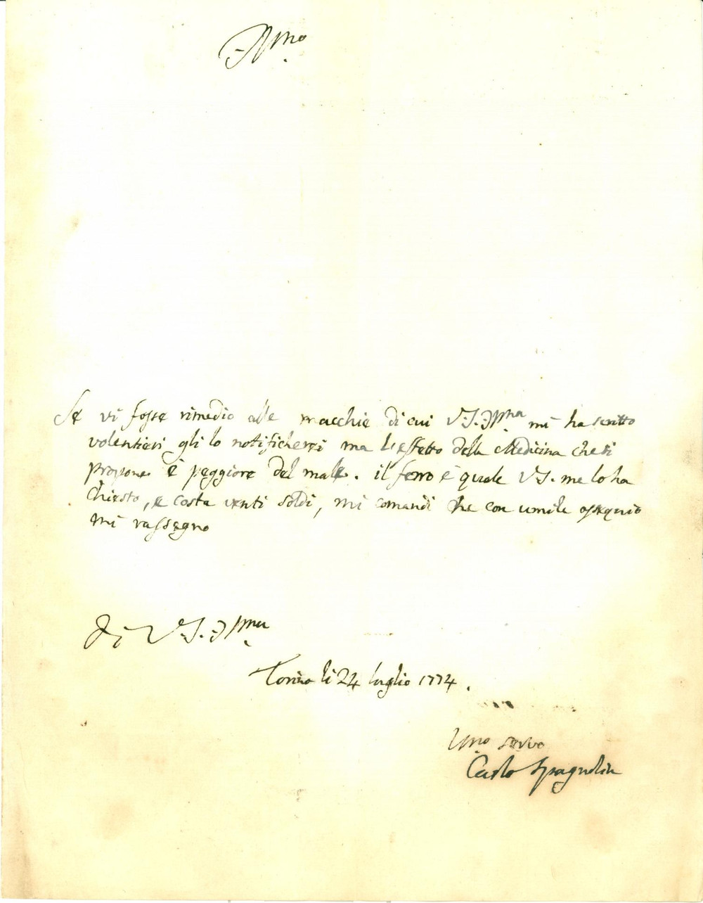Manoscritto, lettera originale 1774 TORINO Carlo SPAGNOLIN Il ferro la spada? Ã¨ quale me lo avete chiesto 1