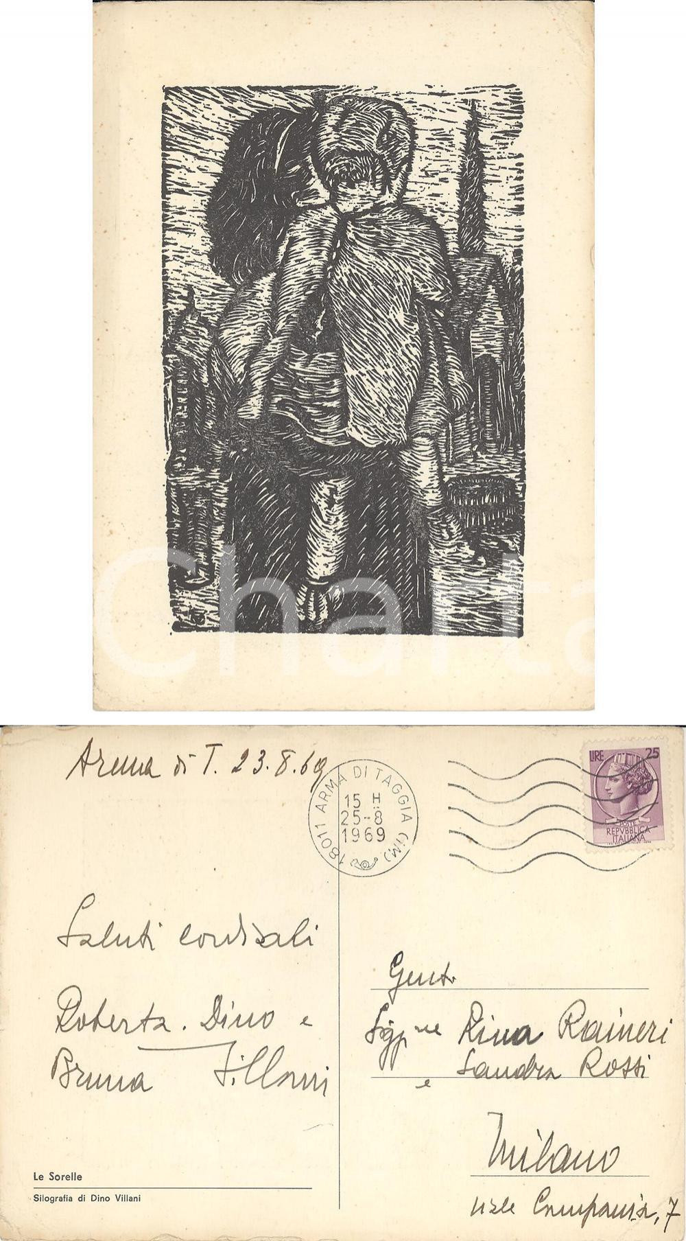 Autografo originale 1969 Dino VILLANI Xilografia Le Sorelle AUTOGRAFI 1