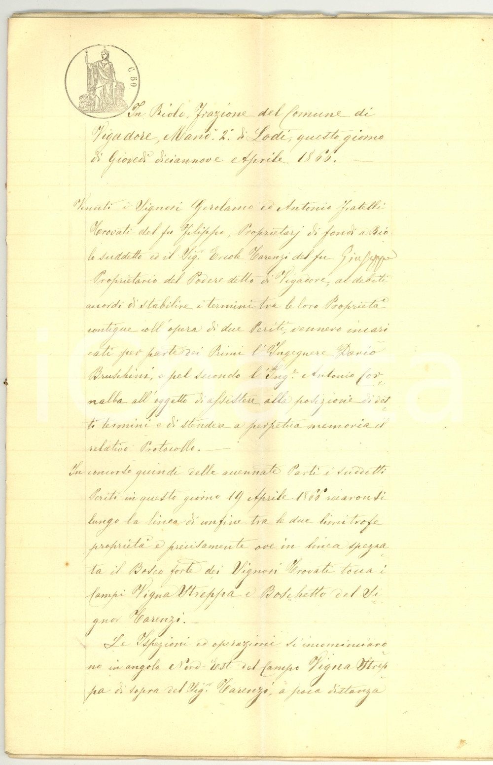 Documento originale, autentico 1866 RIOLO / VIGADORE LODI Confini proprietà TROVATI e TARENZI  Manoscritto 1