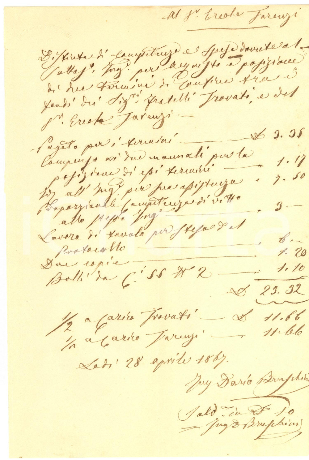 Documento originale, autentico 1867 LODI Conto perizia dell ingegnere Dario BRUSCHINI 1