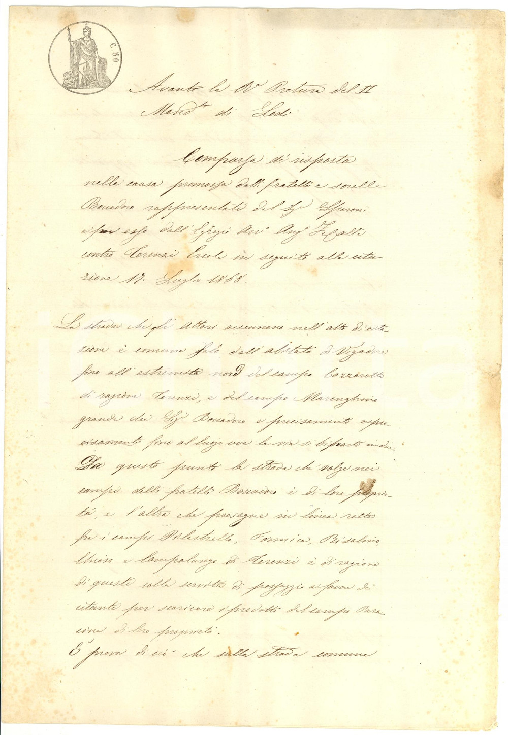 Documento originale, autentico 1868 VIGADORE LODI Lite BOCCADORO e TARENZI per confini 1