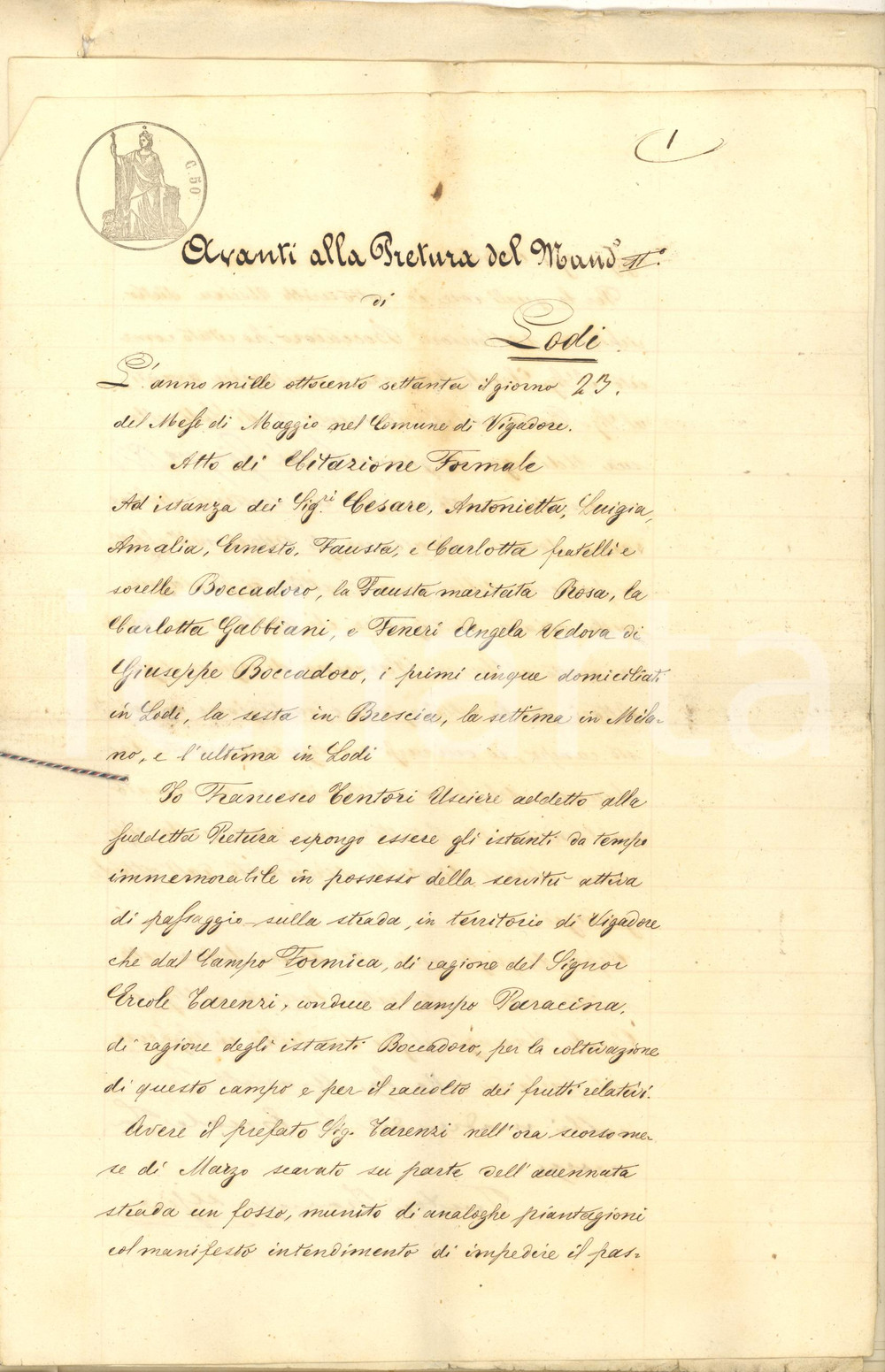 Documento originale, autentico 1870 VIGADORE LODI Lite Ercole TARENZI  F.lli BOCCADORO per servitÃ¹ passaggio 1