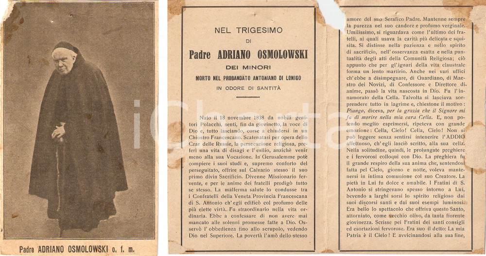 Oggetto da collezione cartaceo 1924 LONIGO VI In memoria di Padre Adriano OSMOLOWSKI 1