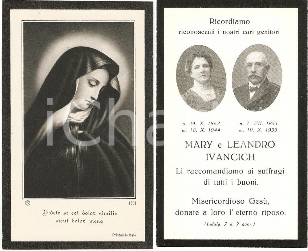 Oggetto da collezione cartaceo 1944 ca TRIESTE In memoria di Mary e Leandro IVANCICH 1