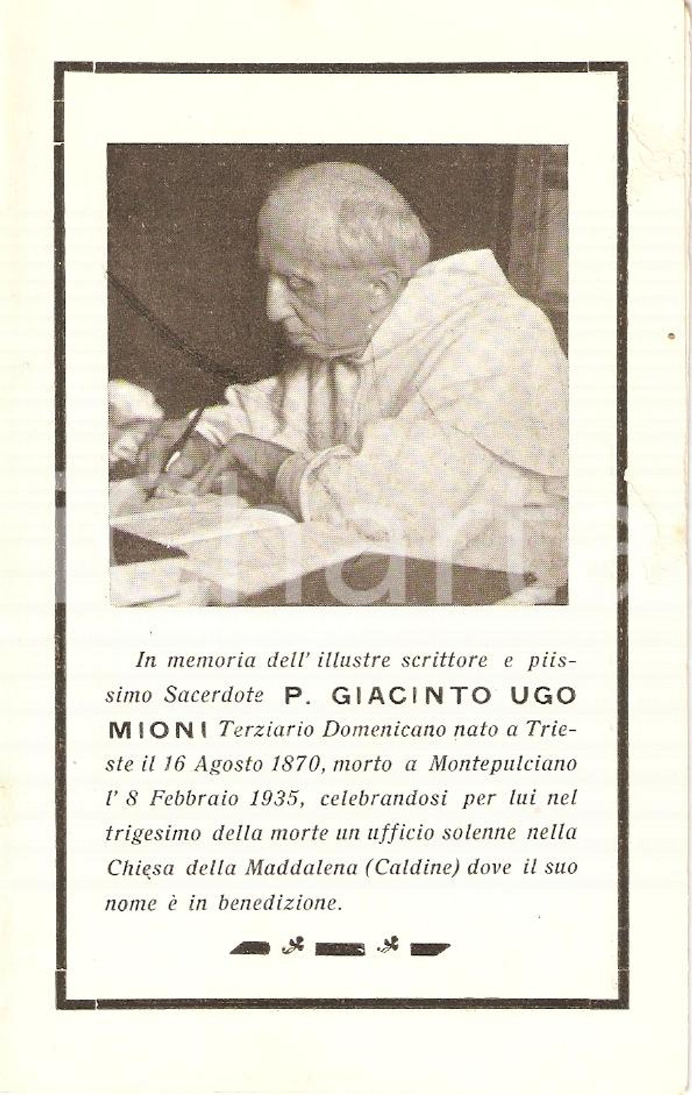 Oggetto da collezione cartaceo 1935 In memoria di P. GIACINTO UGO MIONI Santino 1
