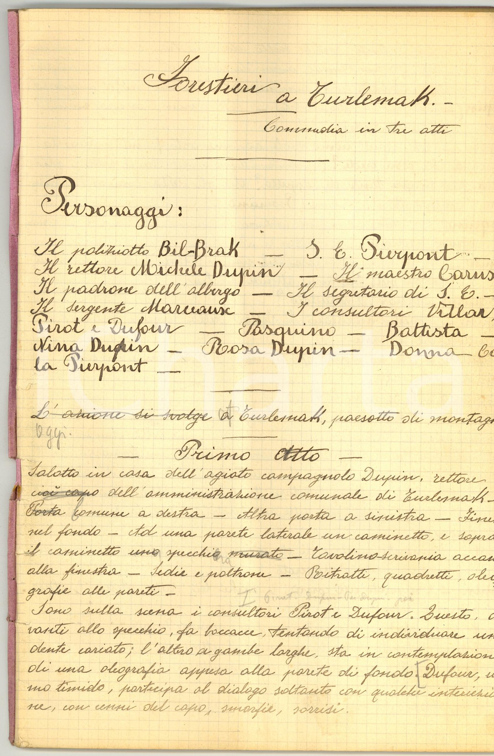 Manoscritto, lettera originale 1920 TEATRO Forestieri a TURLEMAK Commedia anonima manoscritta INEDITA  56 pp. 1