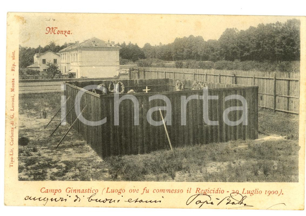 Cartolina originale da collezione 1902 MONZA Luogo ove fu commesso regicidio BUONI ESAMI 1