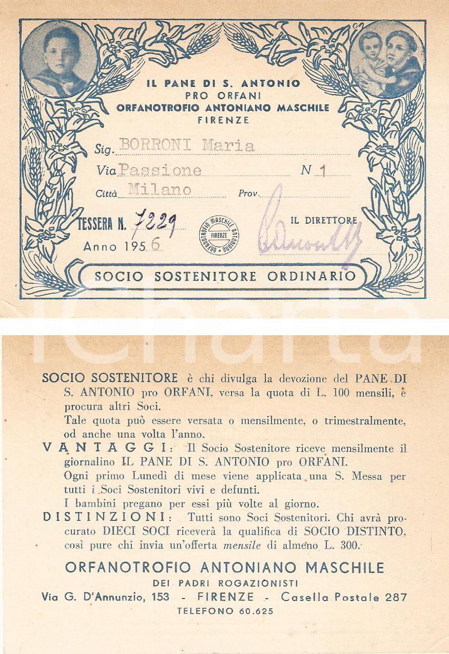 Oggetto da collezione cartaceo 1956 FIRENZE Pane di SANT ANTONIO Tessera Maria BORRONI Orfanotrofio Antoniano 1