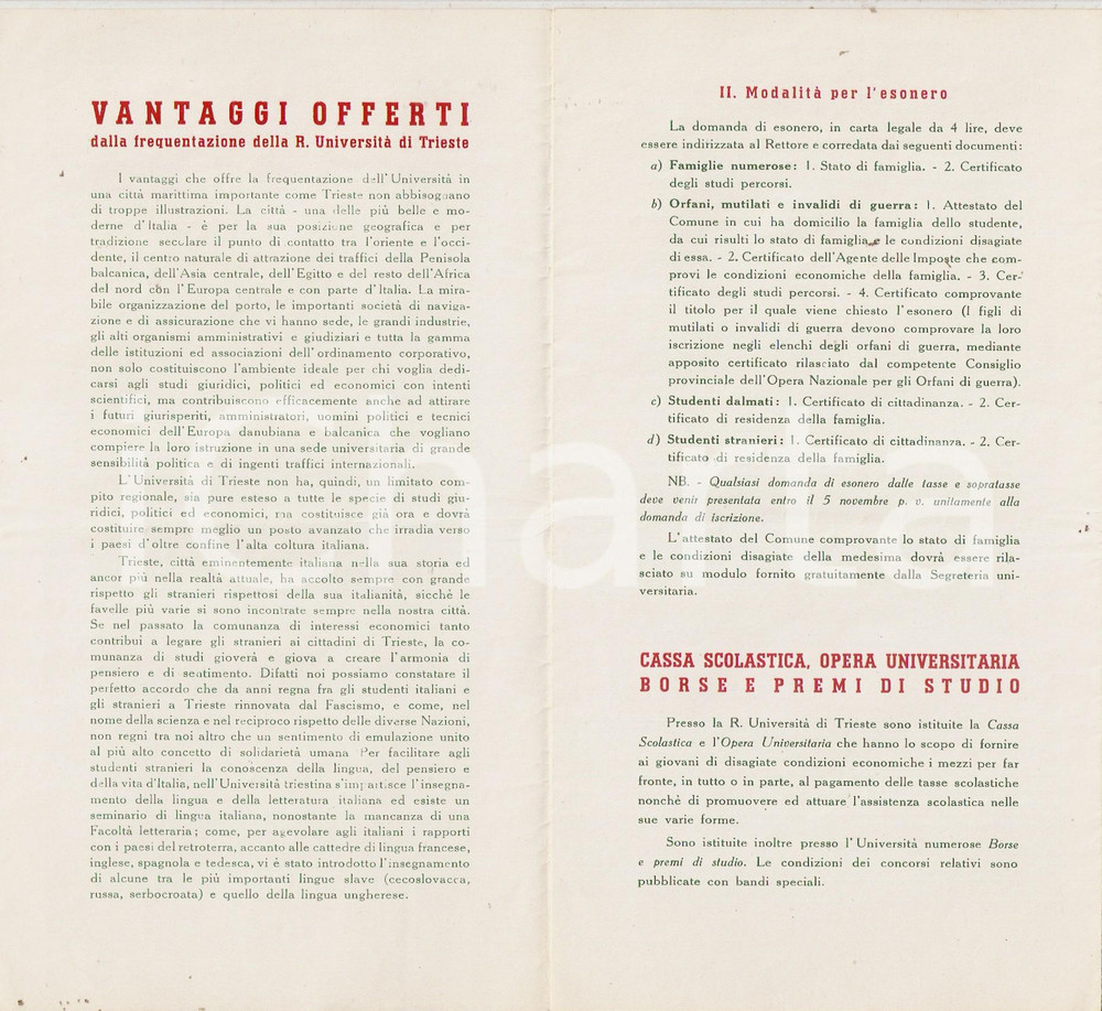 Documento originale, autentico 1939 TRIESTE Regolamento iscrizione Regia UNIVERSITA  Pieghevole 1