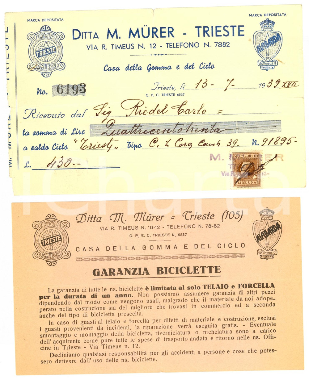 Documento originale, autentico 1939 TRIESTE Ricevuta Ditta MURER Casa della Gomma 1