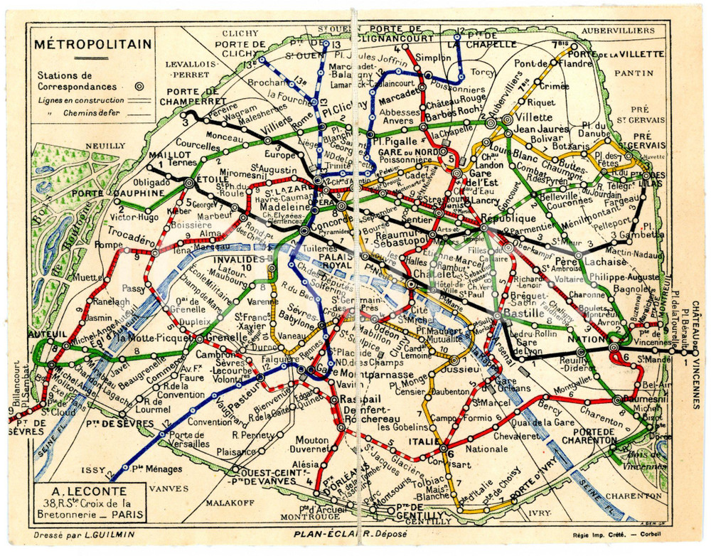 Materiale pubblicitario d’epoca 1930 ca PARIS Map Metropolitain  Papeterie GOUILLET 18x14 cm RARE 1