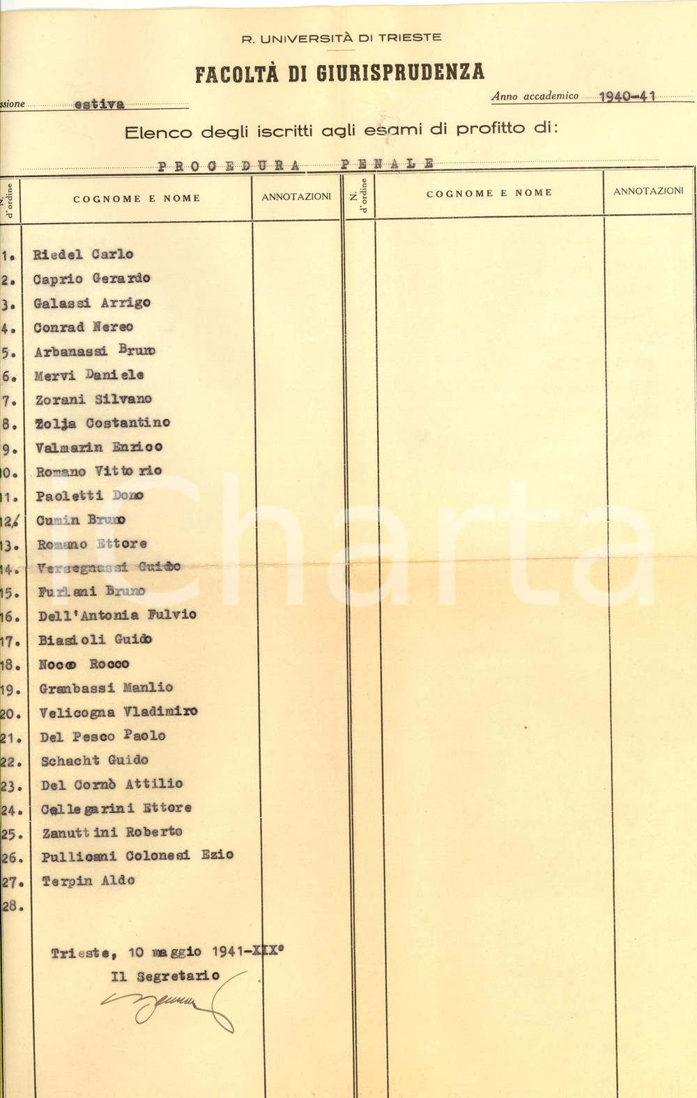 Documento originale, autentico 1941 Regia Universita  TRIESTE Esame Procedura penale 1