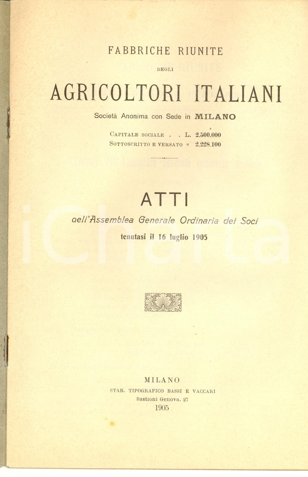 Libro, pubblicazione d epoca 1905 MILANO Assemblea Fabbriche Riunite AGRICOLTORI ITALIANI  Atti 1